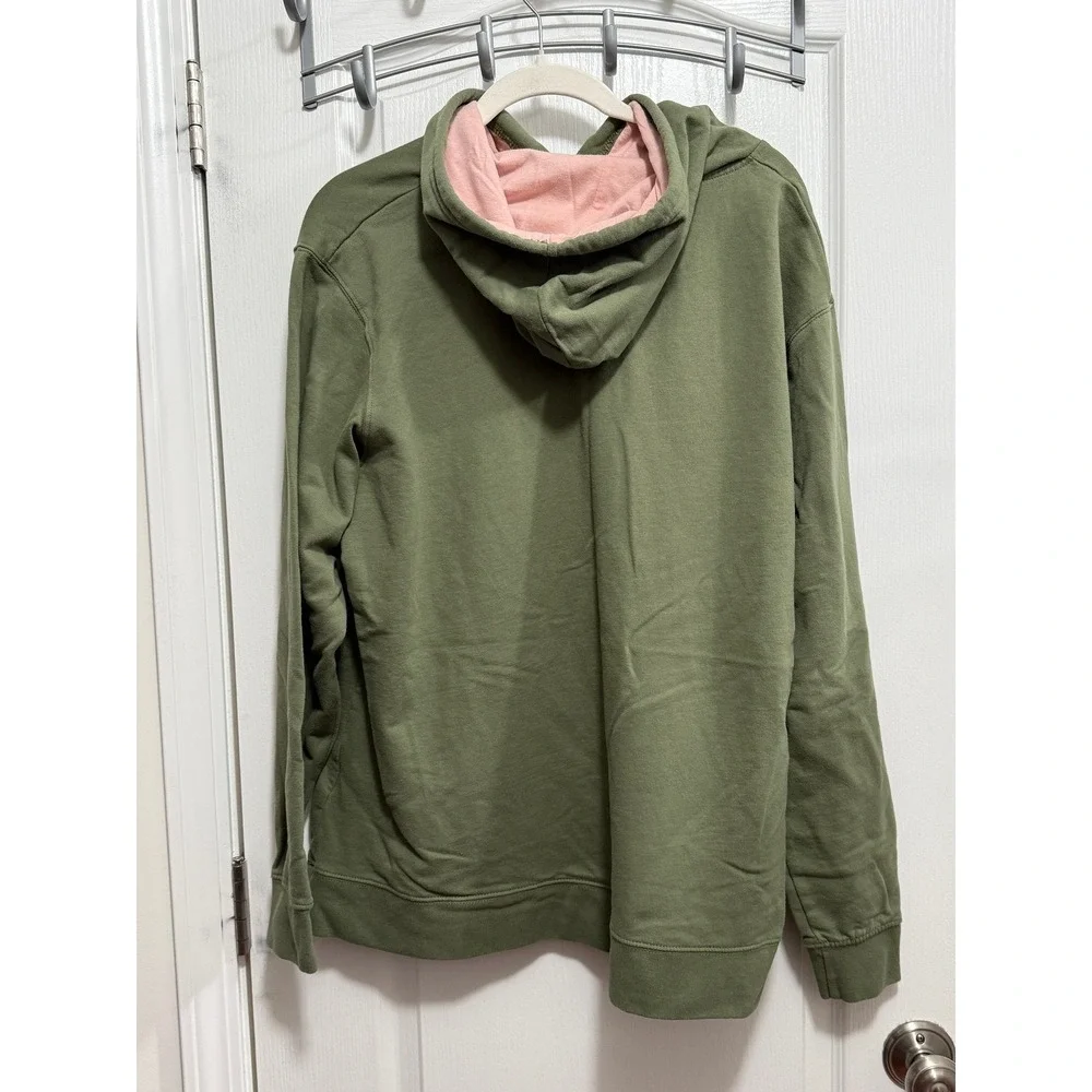 Cabela's Mens 2XL Olive Green Pullover Hoodie Pink Script Logo Fleece Sweatshirt